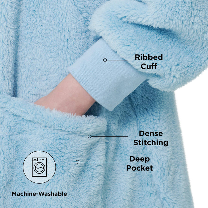 Light blue GentleSoft® blanket hoodie with deep pocket, ribbed cuff, dense stitching, and machine washable icon.