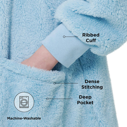 Light blue GentleSoft® blanket hoodie with deep pocket, ribbed cuff, dense stitching, and machine washable icon.