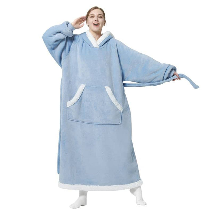 Light blue GentleSoft sherpa fleece wearable blanket hoodie with white trim and kangaroo pocket, adjustable waist belt.