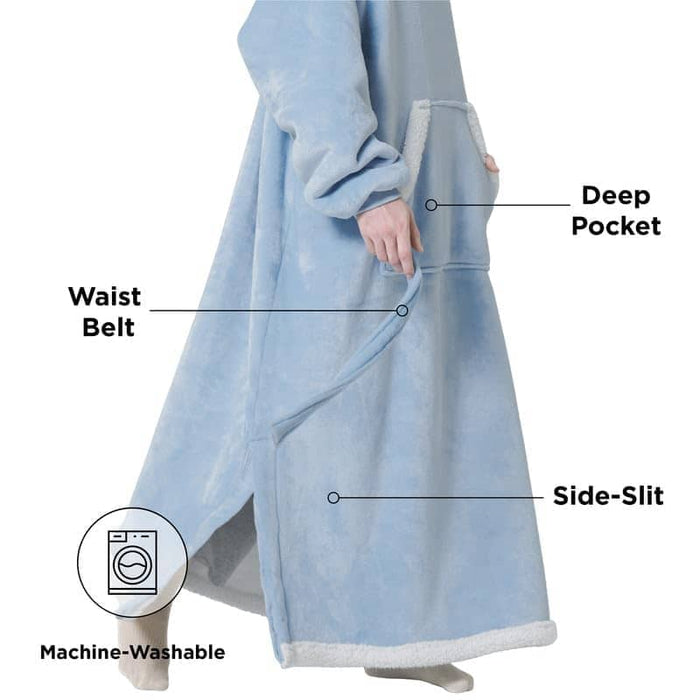 GentleSoft light blue sherpa fleece wearable blanket hoodie with deep pockets, adjustable belt, side slit, machine washable.