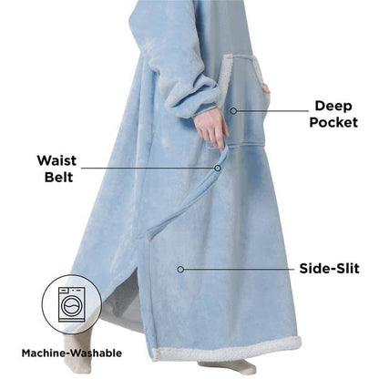 GentleSoft light blue sherpa fleece wearable blanket hoodie with deep pockets, adjustable belt, side slit, machine washable.
