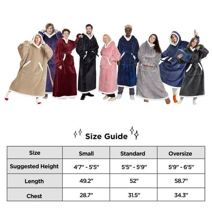 GentleSoft Sherpa Fleece Wearable Blanket hoodie size guide with models in multiple colors and sizes.