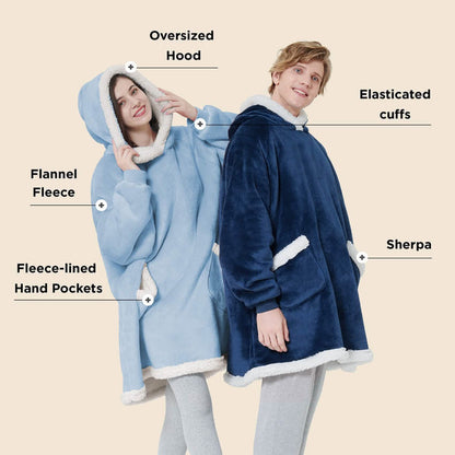 GentleSoft Sherpa Fleece Wearable Blanket: blue & navy models with oversized hoods, pockets, elastic cuffs, sherpa lining.
