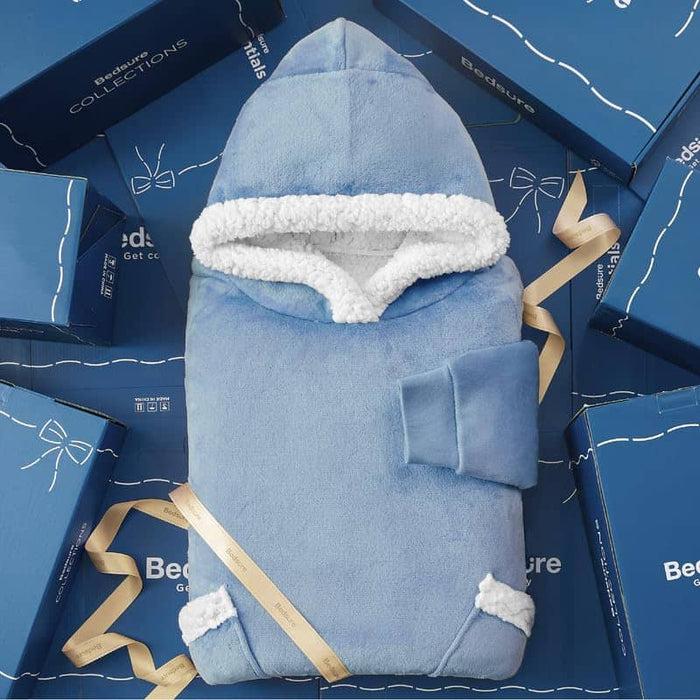 Light blue GentleSoft sherpa fleece wearable blanket hoodie, plush interior, ribbed cuffs, gift-boxed. Fits adults.