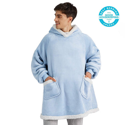 GentleSoft Sherpa Fleece Wearable Blanket in light blue with hood, pockets, and white trim, Good Housekeeping award winner.