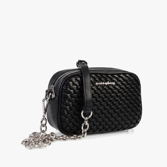 Black Sissy Boy Aurora crossbody bag featuring a braided texture and a stylish silver chain strap.