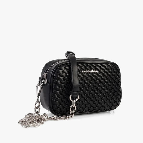 Black Sissy Boy Aurora crossbody bag featuring a braided texture and a stylish silver chain strap.