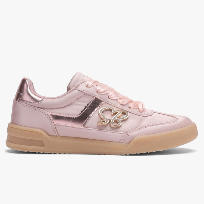 Pink Sissy Boy Donovan sneakers featuring satin material, rose gold metallic accents, and golden SB branding on a gum sole.