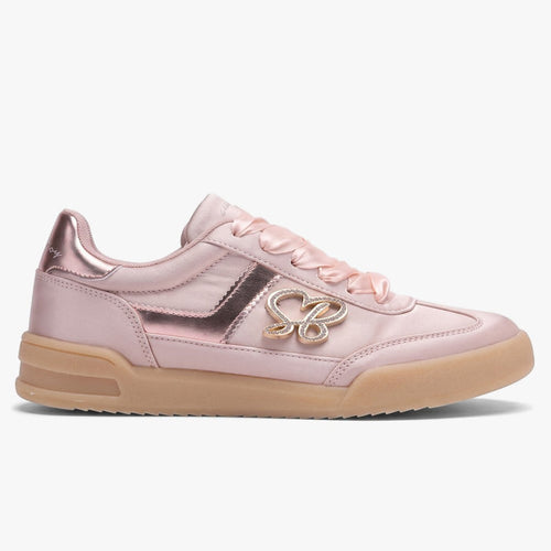 Pink Sissy Boy Donovan sneakers featuring satin material, rose gold metallic accents, and golden SB branding on a gum sole.
