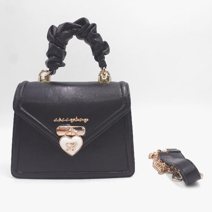 Sissy Boy Black Handbag with a ruched top handle, gold hardware, a white heart-shaped clasp, and a matching detached strap.