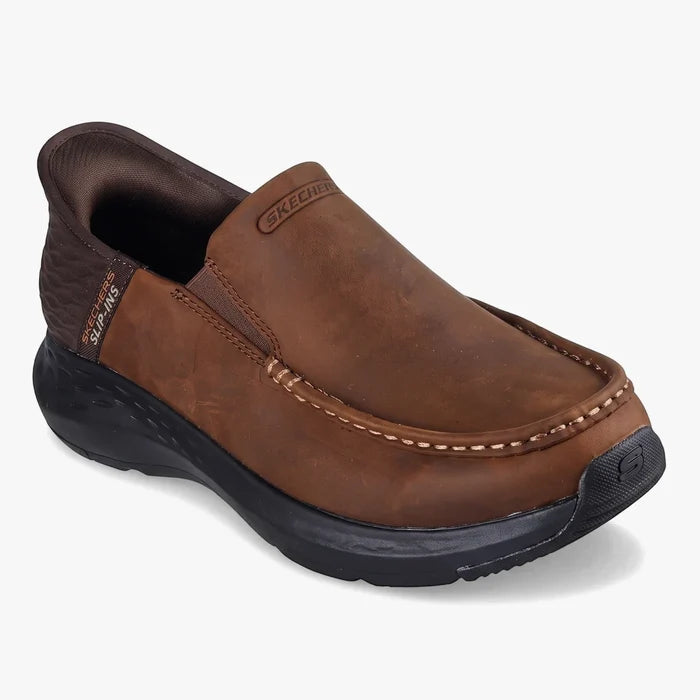 Skechers Men's Parson Slip-On Oswin shoes in red-brown distressed leather, featuring white stitching and a comfortable black
