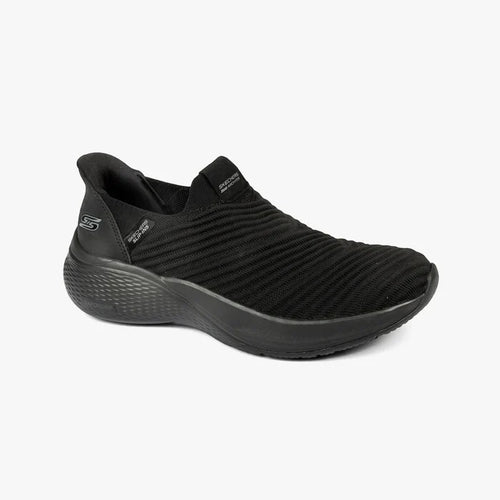 Skechers Women's Bobs Infinity slip-on shoe in black knit fabric, viewed from the side, on a white background.