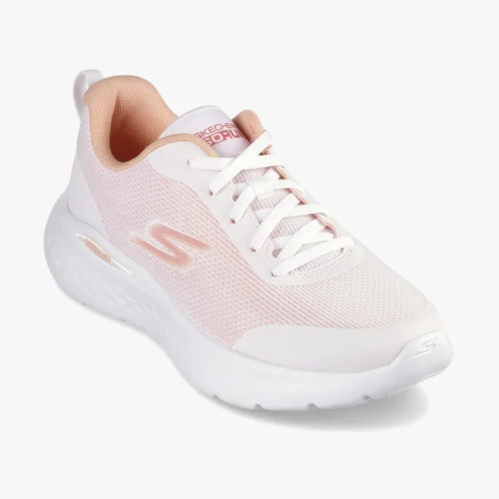 Skechers Womens Go Run Lite Sneaker in white with peach accents and a breathable mesh upper, angled view.