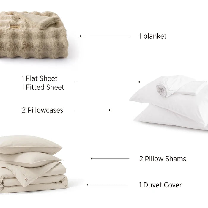 Slub Cotton Luxe Bundle: beige plush blanket, beige cotton duvet cover/shams, white rayon sheets/pillowcases.