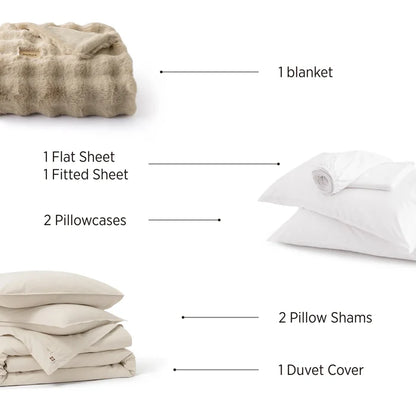 Slub Cotton Luxe Bundle: beige plush blanket, beige cotton duvet cover/shams, white rayon sheets/pillowcases.