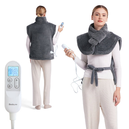 Bedsure grey smart heating pad for neck/shoulders; 150°F/2H digital controller, adjustable fit.