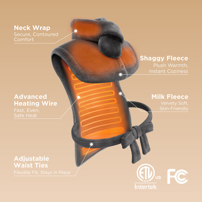 Grey plush smart heating pad for neck, featuring adjustable ties, milk fleece lining, and heating wires.