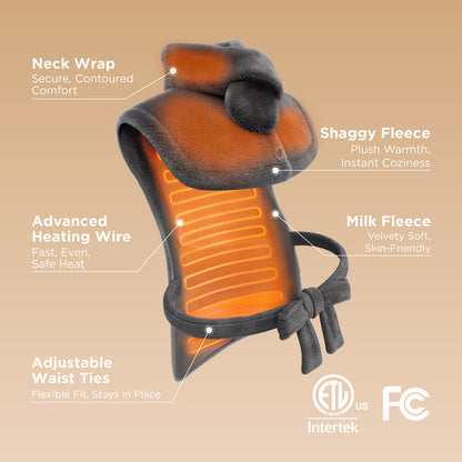 Grey plush smart heating pad for neck, featuring adjustable ties, milk fleece lining, and heating wires.