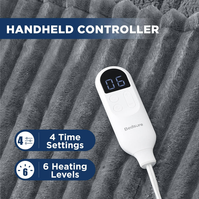 GentleSoft gray striped flannel heated blanket with white handheld controller showing 6 heating levels and 4 timer settings.