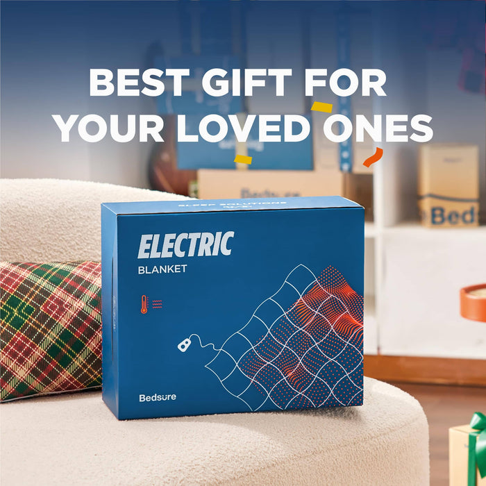 GentleSoft electric blanket gift box with text, beside plaid pillow. Promotes as best gift.