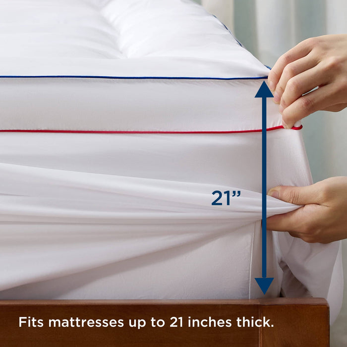 GentleSoft mattress topper with 21-inch deep pockets and blue/red piping shown fitting a thick mattress.