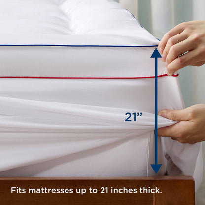 GentleSoft mattress topper with 21-inch deep pockets and blue/red piping shown fitting a thick mattress.