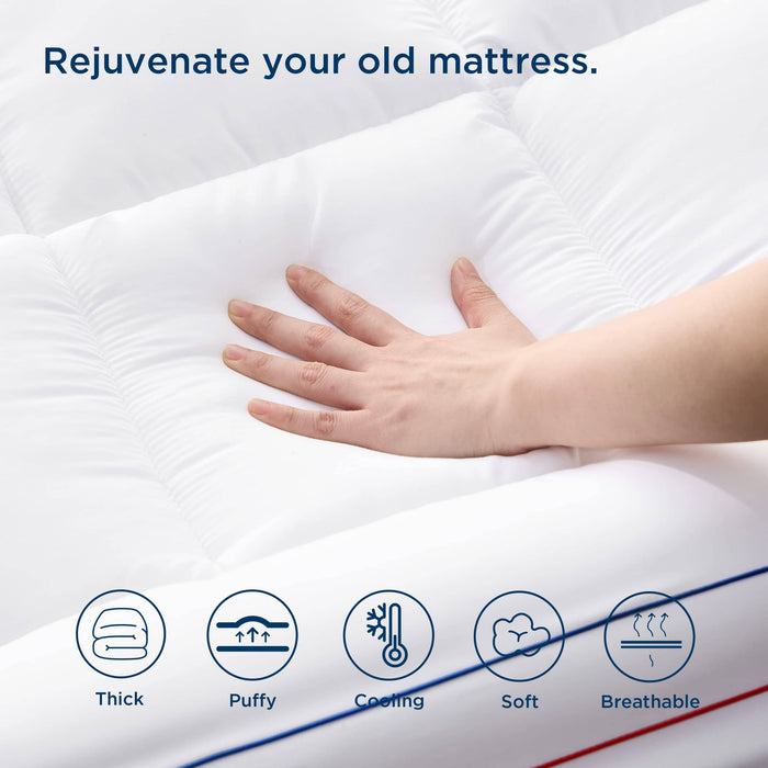 GentleSoft thick mattress topper: Hand showing plushness. Features: Thick, Puffy, Cooling, Soft, Breathable.