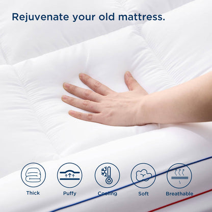 GentleSoft thick mattress topper: Hand showing plushness. Features: Thick, Puffy, Cooling, Soft, Breathable.