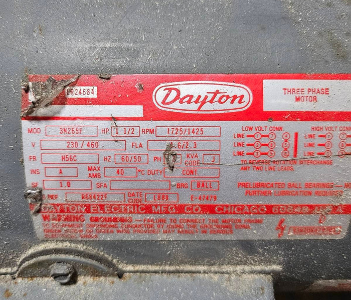 Used Three Phase 1 1/2 hp Dayton Rotary Vane Vacuum Pump
