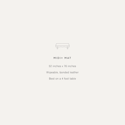 All@Midi+ Mat information; 52 in x 76 in; wipeable bonded leather; best on a 4 foot table