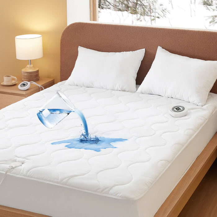 White quilted cotton heated mattress pad tested waterproof with water pouring demonstration & controller.