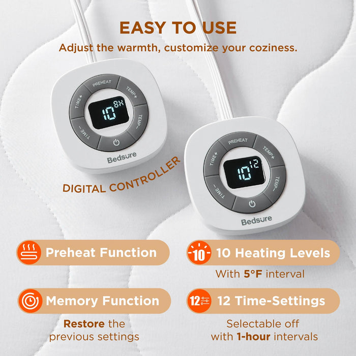 Bedsure digital controller: 10 heat levels, 12 time settings, preheat function.
