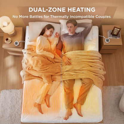 Dual-zone heated mattress pad showing customizable warmth for couples.