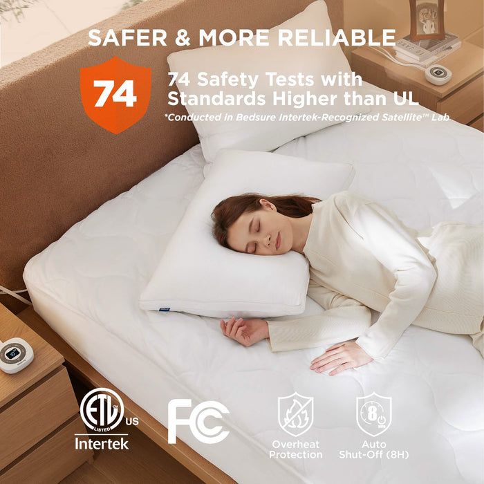 White quilted waterproof cotton heated mattress pad: 74 safety tests, ETL/FC certified, 8H auto-off.