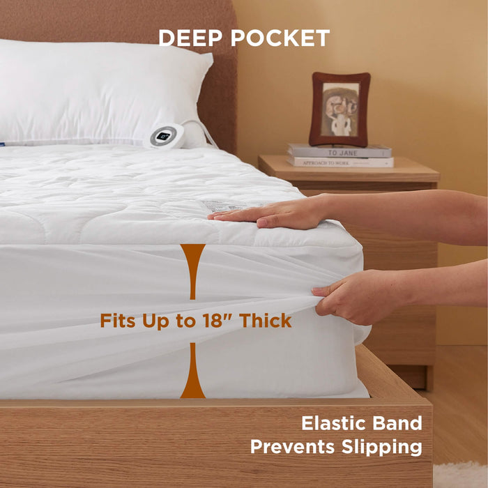 Deep pocket waterproof cotton heated mattress pad fitting 18" thick mattresses with elastic band