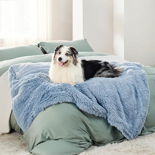 Blue fluffy waterproof pet blanket on bed with Australian Shepherd dog, showcasing comfort.