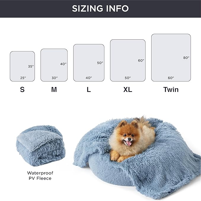 Waterproof pet blanket sizing guide with Pomeranian dog in blue bed.