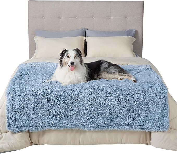 Light blue waterproof pet blanket with Australian Shepherd dog on bed, showcasing soft texture and comfort.