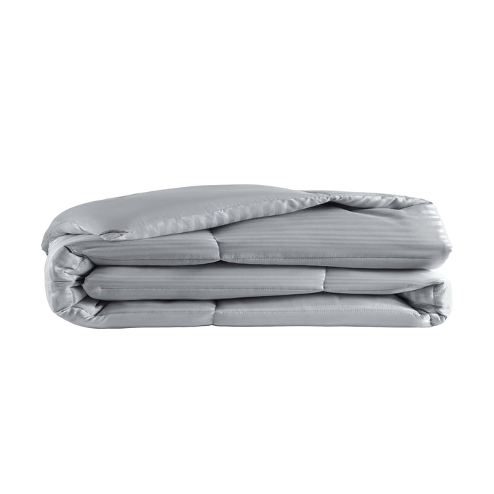 Weightless comfy grey striped quilt, neatly folded, showing box stitching and subtle pinstripe pattern.