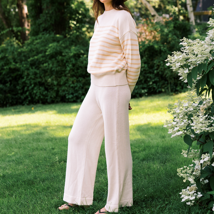 women's cream wide leg knit pant