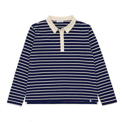 women's navy and cream stripe rugby shirt