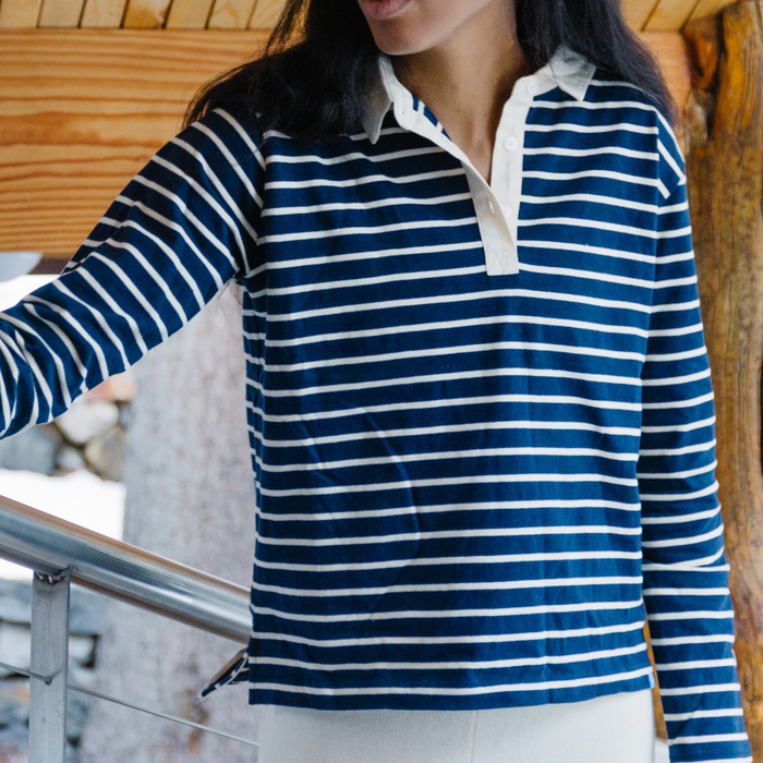 women's navy and cream stripe rugby shirt