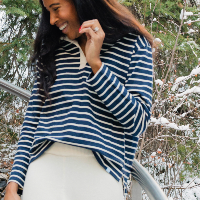women's navy and cream stripe rugby shirt